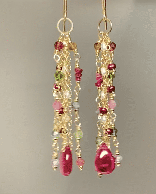 rubellite corundum and multi gemstone tassel dangle earrings gold fill