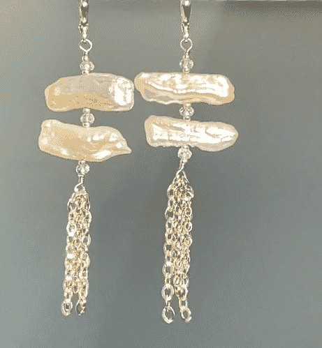 White biwa pearls double dangle with dainty sterling silver chains dangling beneath them.  