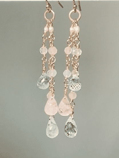 Rose Gold Aquamarine Gem Dangle Earrings, Long Tassel Style