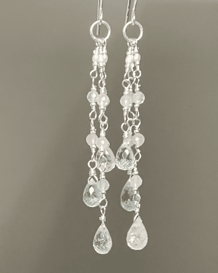 Aquamarine Gem Dangle Earrings, Sterling Silver, Long Tassel Style