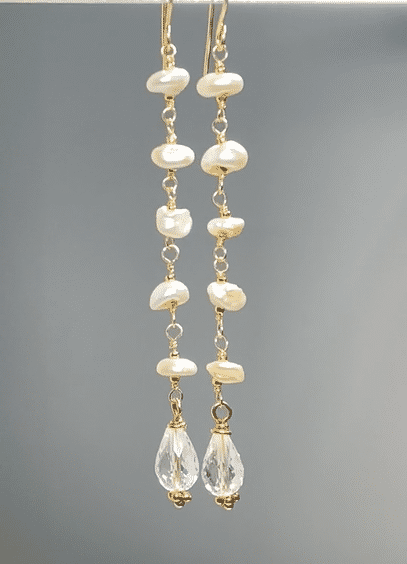 Crystal Quartz Dangle Earrings, Long Shoulder Duster Earrings with Keishi Pearls