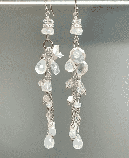 Rose Gold Long Boho Mystic Quartz, Pearl & Moonstone Dangle Earrings