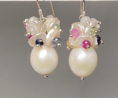 Pearl Cluster Earrings with Multicolor Sapphire and Moonstone Gemstone Keishi Pearls