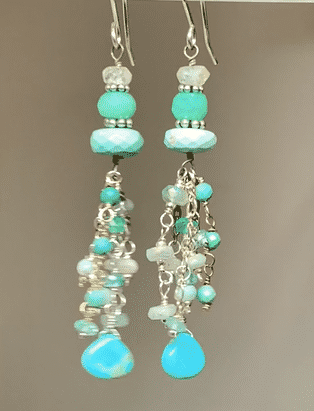 Multi Gemstone Gem Dangle Earrings, Tassel Style, Turquoise, Chrysoprase, Sterling Silver