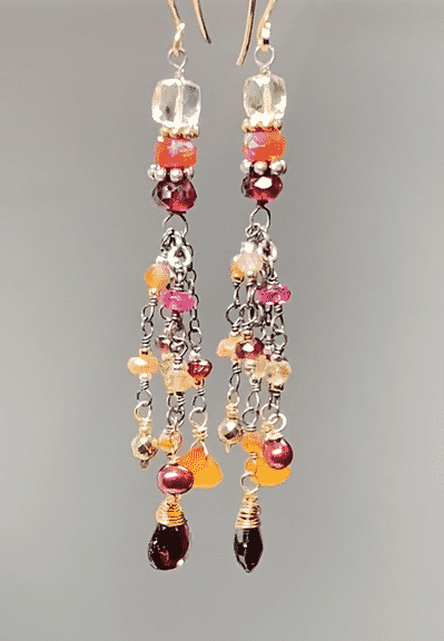 Multi Gemstone Gem Dangle Earrings, Boho Tassel Style, Red Garnet, Carnelian, Citrine, Mixed Metal