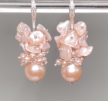 Pink Pearl Cluster Earrings, Blush Pink Keishi Pearls