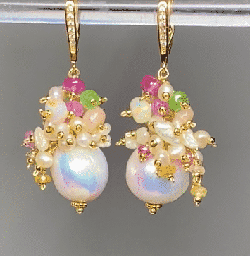 Baroque Edison Pearl and Opal Statement Earrings with Sapphire, Tsavorite