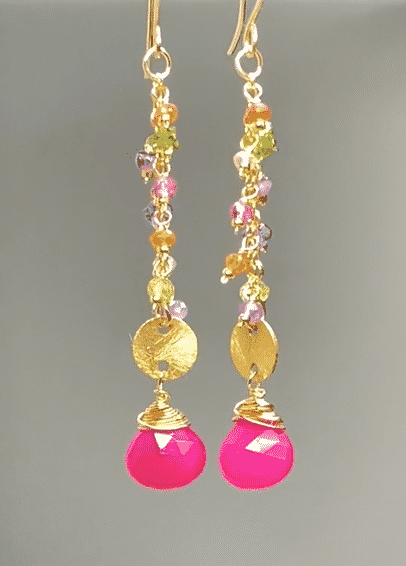 Hot Pink Chalcedony Long Gemstone Dangle Earrings Gold Fill
