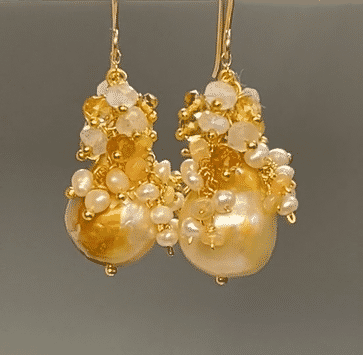 Baroque Pond Slime Pearl Cluster Earring with Citrine, Opal, Moonstone