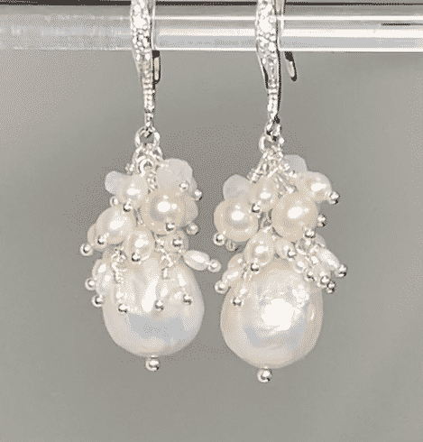 White Edison Pearl Cluster Earrings with Moonstone in Sterling Silver