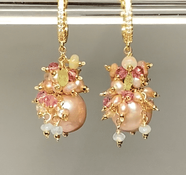 Pink Round Pearl and Gem Cluster Wedding Earrings with Tsavorite