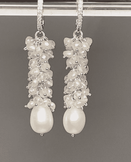 pearl and mystic crystal long cluster earrings in sterling silver