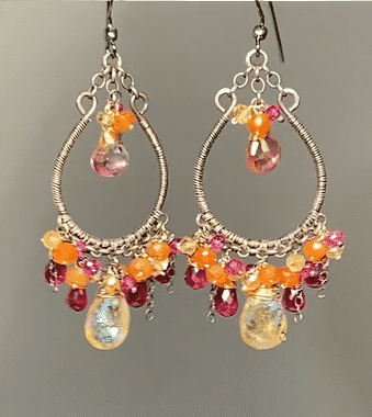 Multi-color Gemstone Hoop Earrings Mystic Citrine Hot Pink Quartz Oxidized Silver