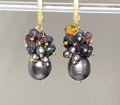 Black Grey Pearl Black Opal Cluster Earrings Gold