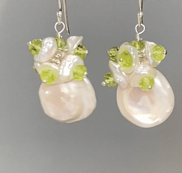 White keishi pearl earrings with peridot clusters