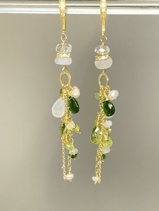 Gold fill chain dangle earrings, boho style, featuring rainbow moonstones, chrome diopside green gemstones and peridot