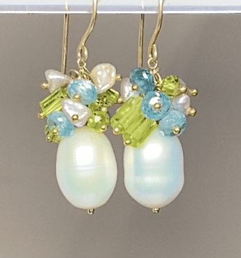 Pearl Peridot Crystal, Blue Zircon, Gray Keishi Pearl Cluster Earrings