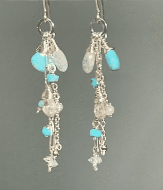 Rainbow moonstone and Sleeping Beauty turquoise sterling silver chain long dangle earrings