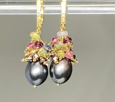 Holiday earrings - peacock pearls with multi gemstone clusters in gold fill