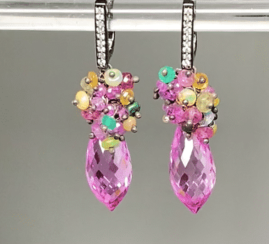 Pink Topaz and Opal Sapphire Cluster Earrings in Oxidized Silver - Doolittle