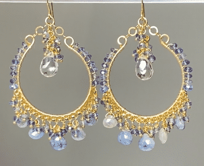 Blue Gemstone Hoop Chandelier Earrings Wire Wrap Sapphire