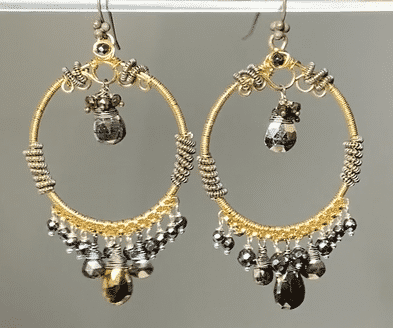 Mixed metal handmade hoop chandelier earrings with pyrite and spinel in gold fill and oxidized sterling silver