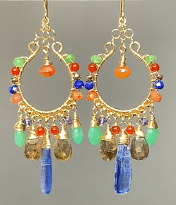 handmade gold filled chandelier earrings with colorful gemstones