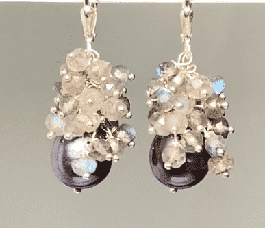very flashy labradorite rondelles cluster and waterfall over black freshwater pearls on sterling silver