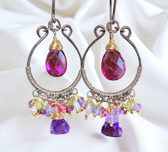 Blue Violet Gemstones Oxidized Silver Hoop Chandelier Earrings