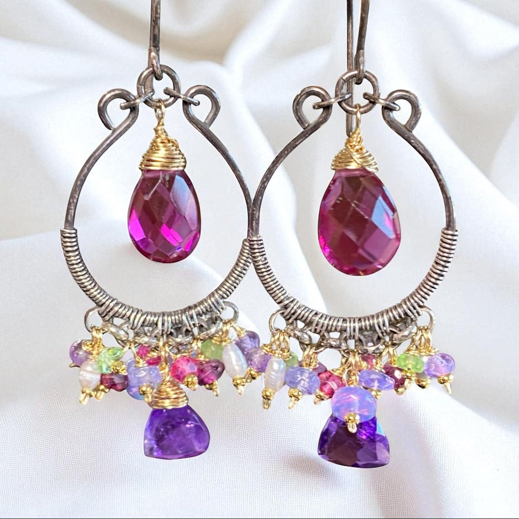 Blue Violet Gemstones Oxidized Silver Hoop Chandelier Earrings