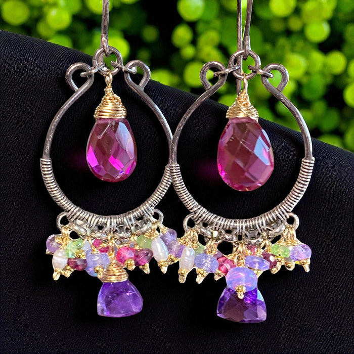 Blue Violet Gemstones Oxidized Silver Hoop Chandelier Earrings