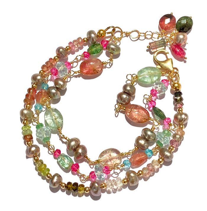 Watermelon Tourmaline Aquamarine Pearl Bracelet Gold