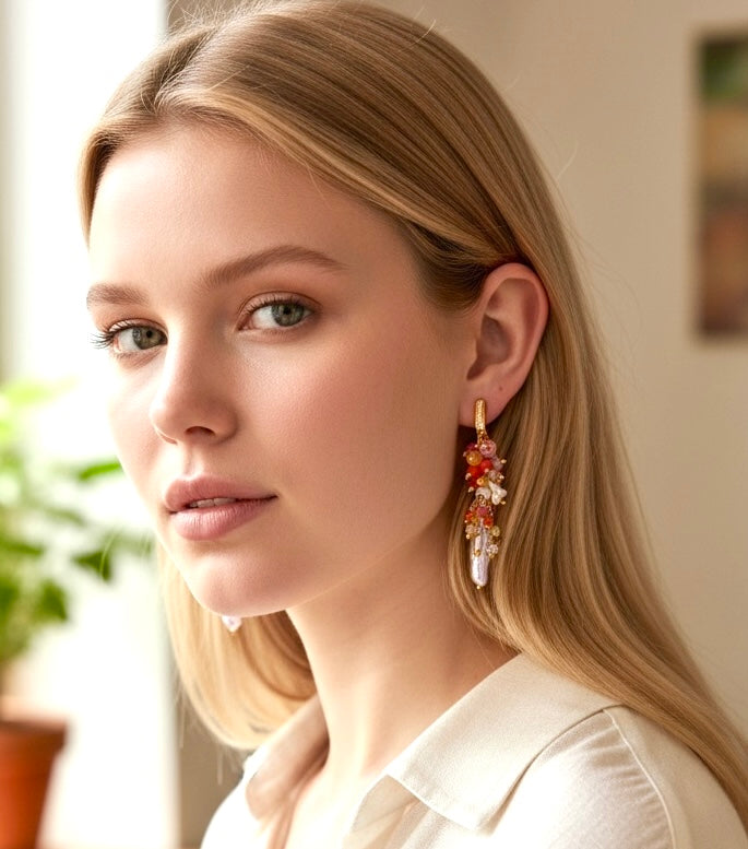 White Biwa Pearl and Coral, Hot Pink Gem Cluster Earrings Gold Fill