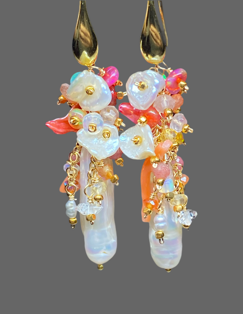 White Biwa Pearl and Coral, Hot Pink Gem Cluster Earrings Gold Fill