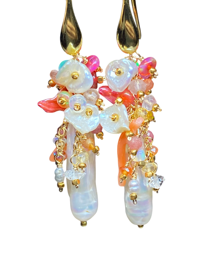 White Biwa Pearl and Coral, Hot Pink Gem Cluster Earrings Gold Fill