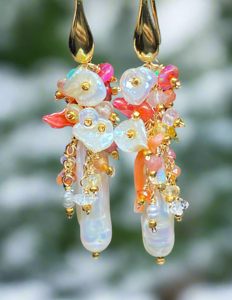 White Biwa Pearl and Coral, Hot Pink Gem Cluster Earrings Gold Fill