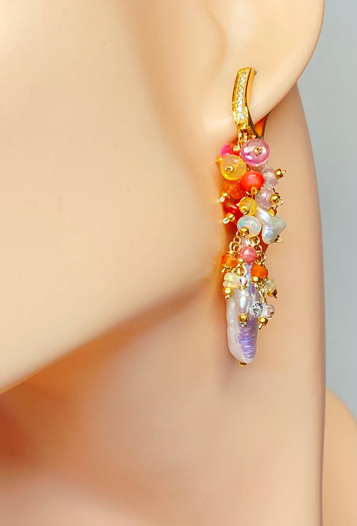 White Biwa Pearl and Coral, Hot Pink Gem Cluster Earrings Gold Fill
