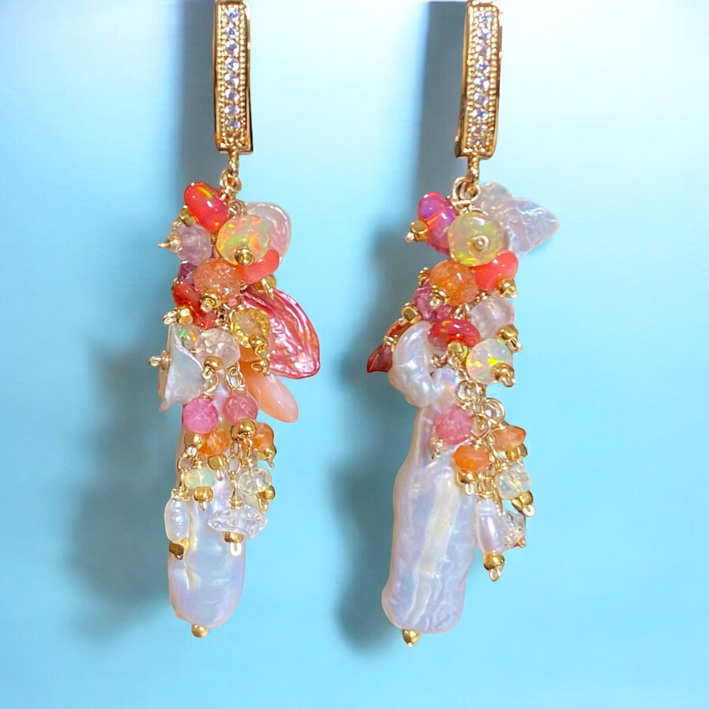 White Biwa Pearl and Coral, Hot Pink Gem Cluster Earrings Gold Fill