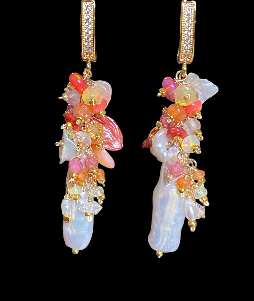 White Biwa Pearl and Coral, Hot Pink Gem Cluster Earrings Gold Fill