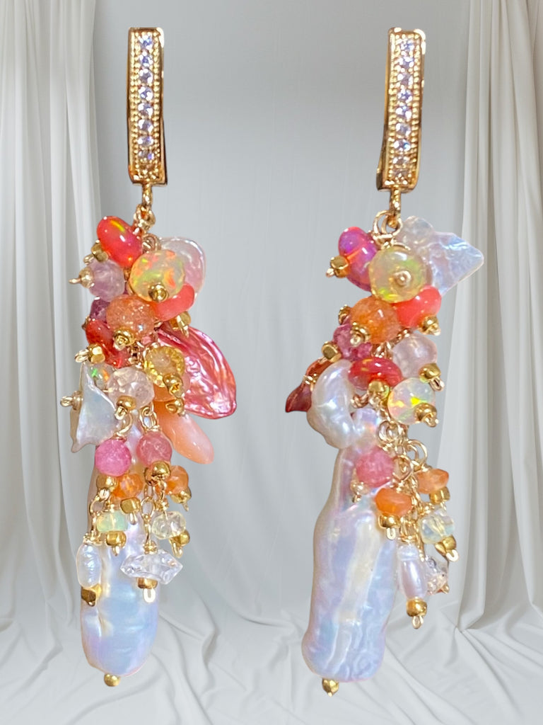 White Biwa Pearl and Coral, Hot Pink Gem Cluster Earrings Gold Fill