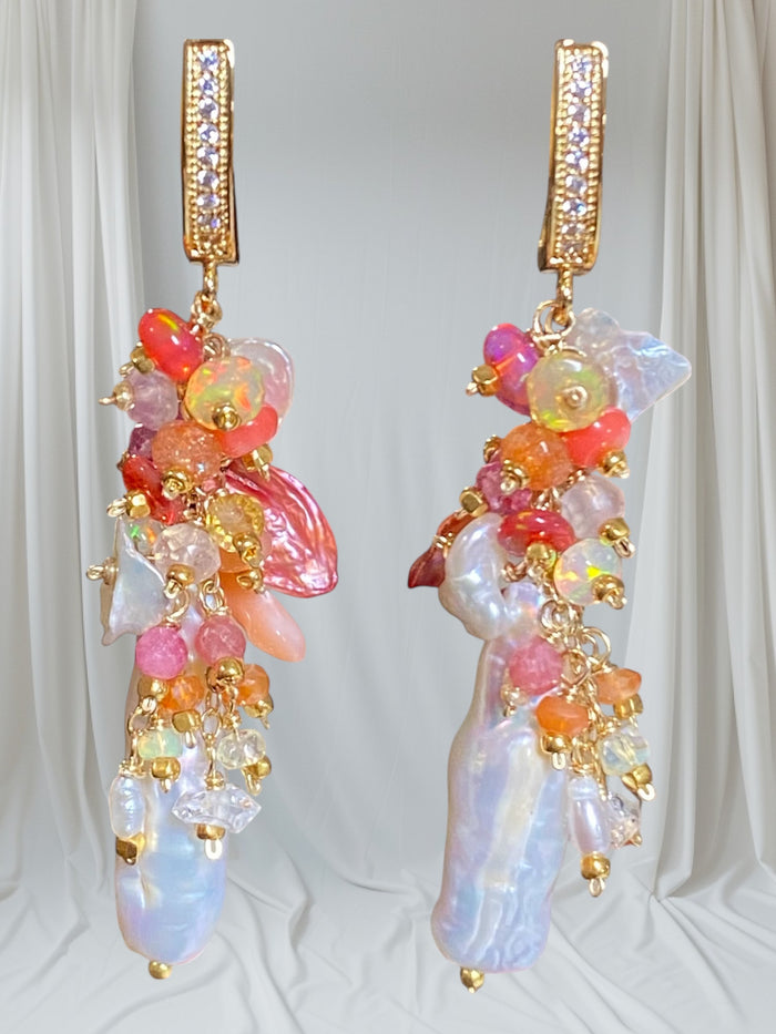 White Biwa Pearl and Coral, Hot Pink Gem Cluster Earrings Gold Fill