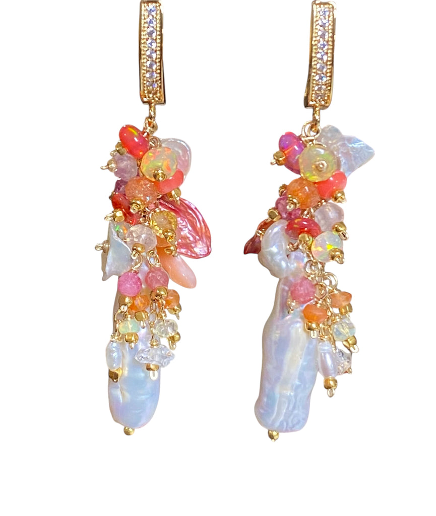 White Biwa Pearl and Coral, Hot Pink Gem Cluster Earrings Gold Fill