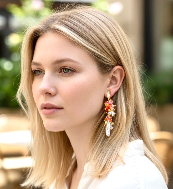 White Biwa Pearl and Coral, Hot Pink Gem Cluster Earrings Gold Fill