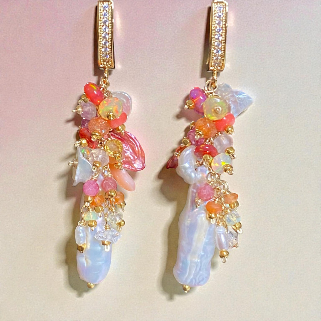 White Biwa Pearl and Coral, Hot Pink Gem Cluster Earrings Gold Fill