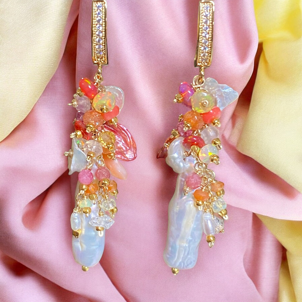 White Biwa Pearl and Coral, Hot Pink Gem Cluster Earrings Gold Fill