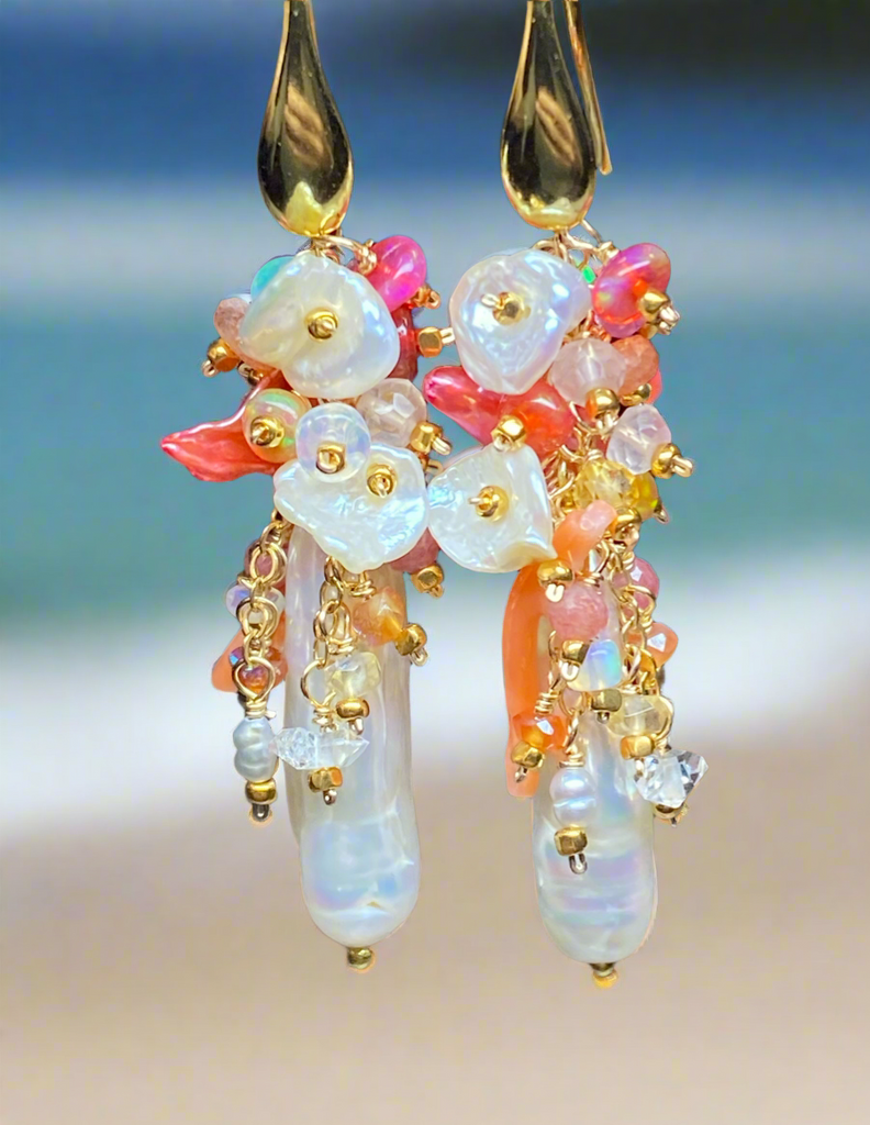 White Biwa Pearl and Coral, Hot Pink Gem Cluster Earrings Gold Fill