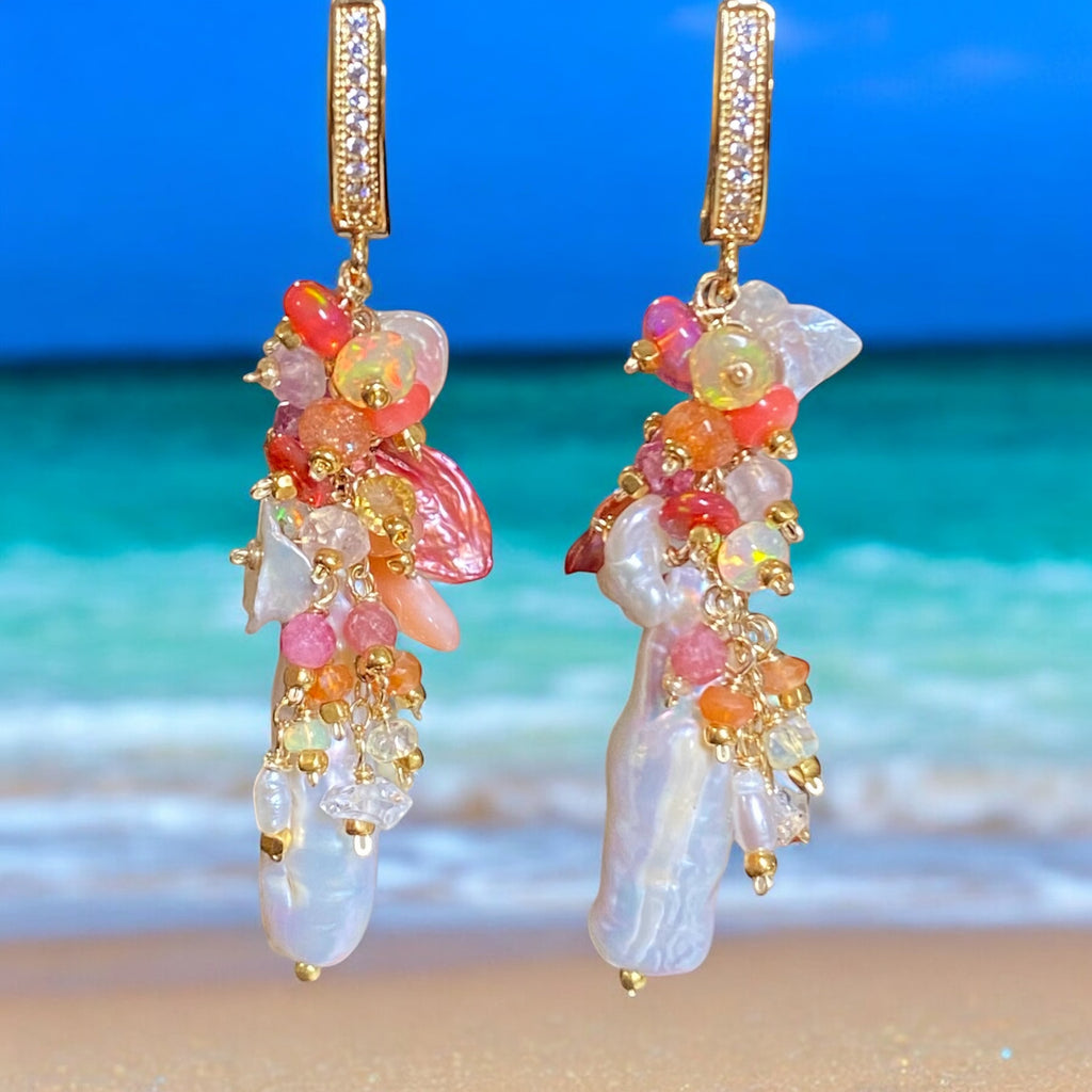 White Biwa Pearl and Coral, Hot Pink Gem Cluster Earrings Gold Fill