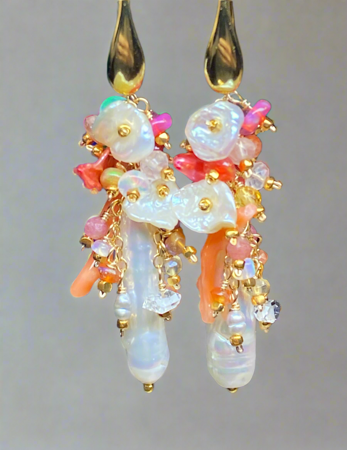 White Biwa Pearl and Coral, Hot Pink Gem Cluster Earrings Gold Fill