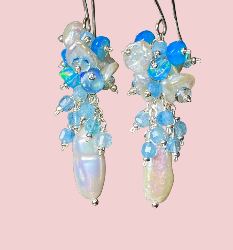 Blue Ethiopian Opal, Keishi Pearl and Gem Dangle Earrings Sterling Silver