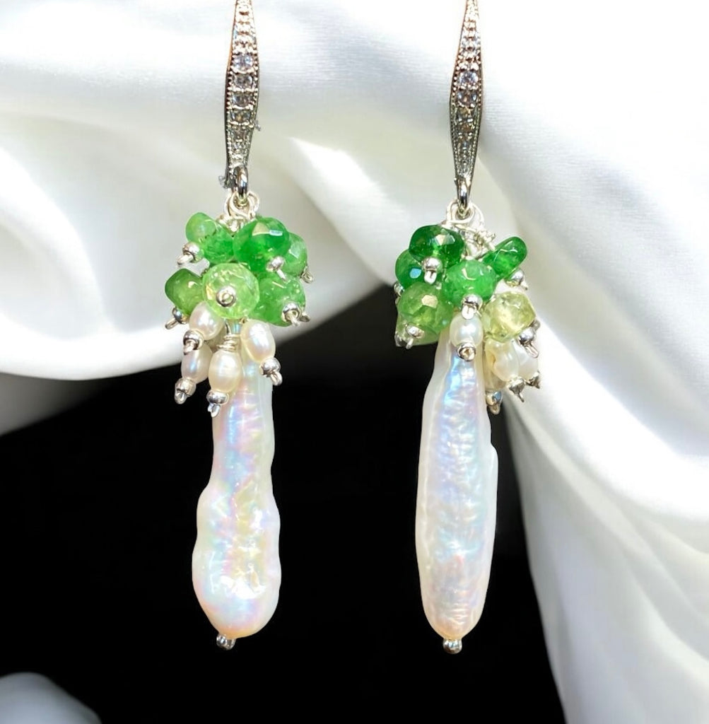 Biwa Pearl Cluster Dangle Earrings:  Tsavorite or Ruby Gemstones, Sterling Silver